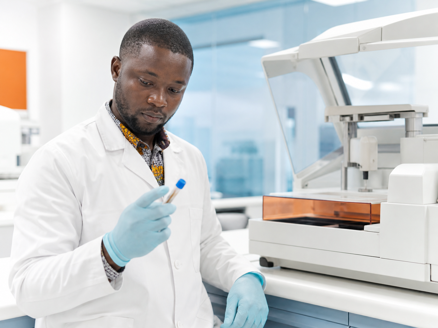 Laboratory professional handling a sample tube beside diagnostic equipment