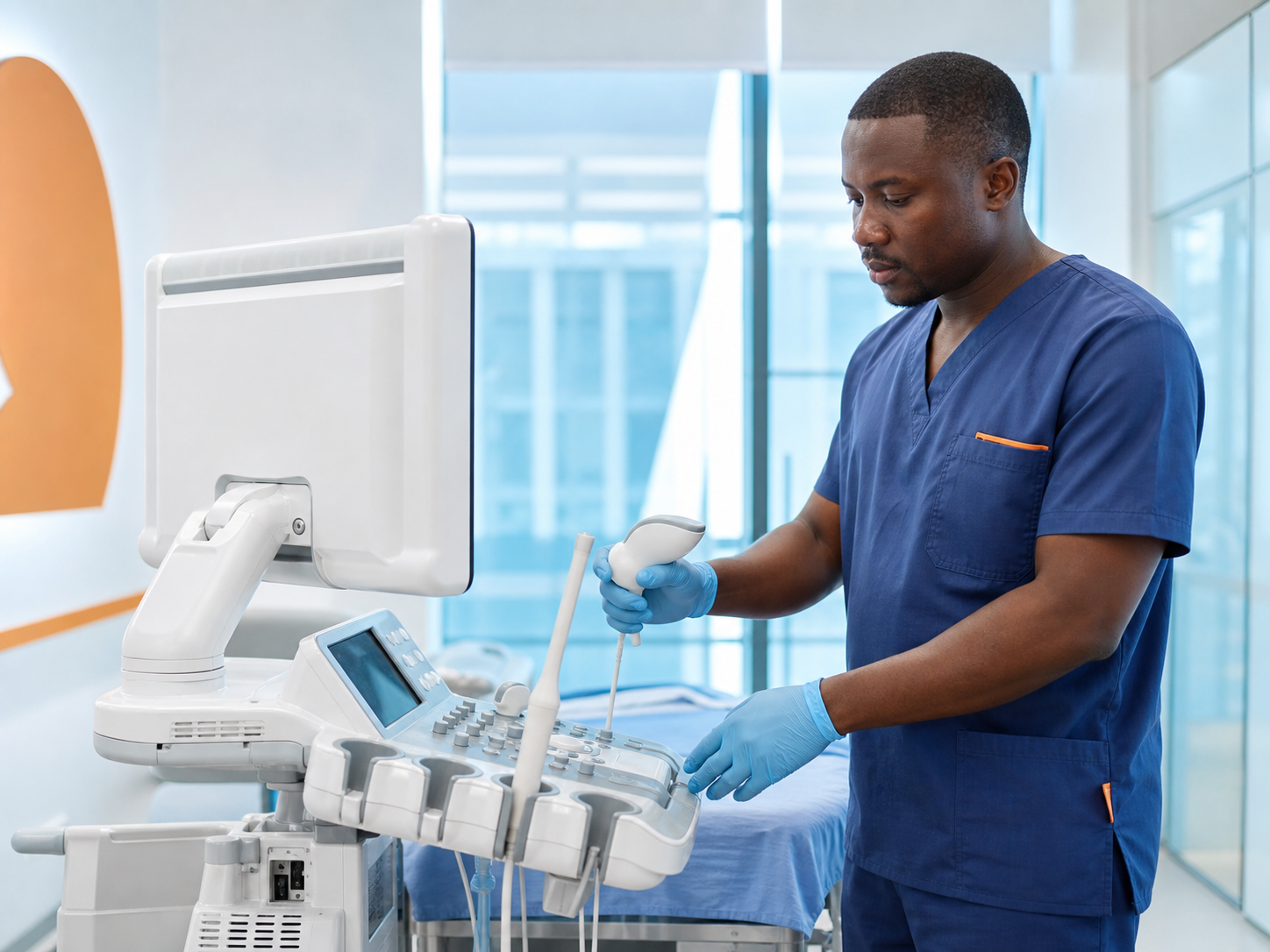 Radiology technician preparing an ultrasound machine in a modern imaging room